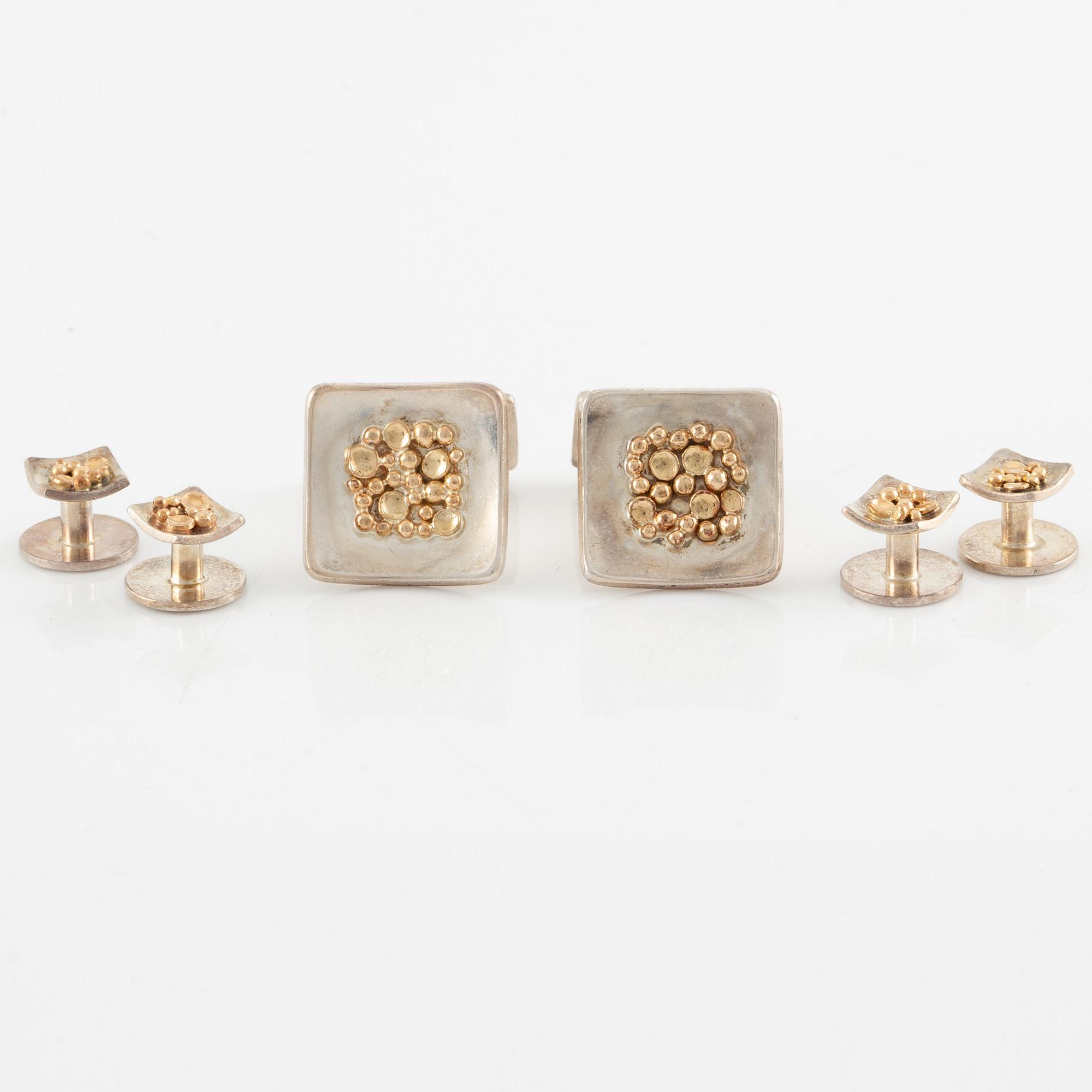 Cufflinks and shirt studs, three pairs, Högbergs, silver and gilded details.