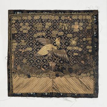 Two rank badges, two embroideries, and a brocade, China, part Qing dynasty.