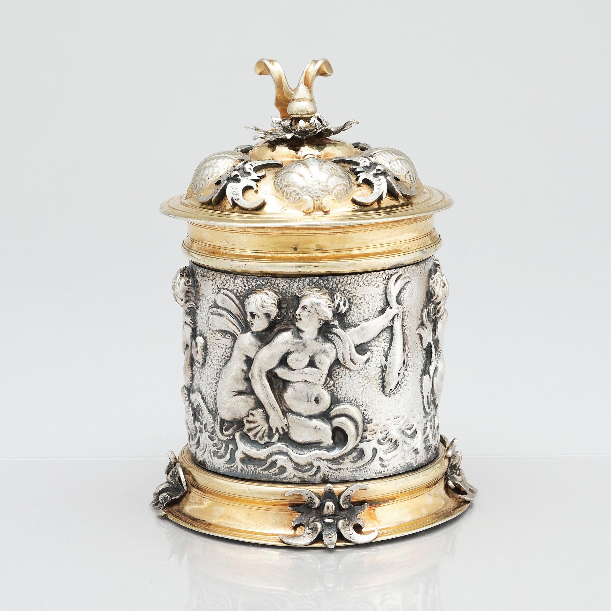 A German 17th century parcel-gilt silver tankard, mark of David Schwestermüller I, Augsburg 1634-1635.