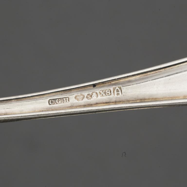 Matskedar, 9 st, silver, matchgåvor fotboll, 1947-1948, samt 5 skedar, CG Hallberg, Stockholm, 1947.