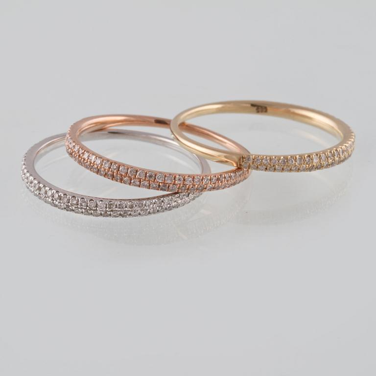 RINGAR, 3 st, 14K trefärgat guld med briljantslipade diamanter ca 0.54 ct. Vikt 3,4 gram.