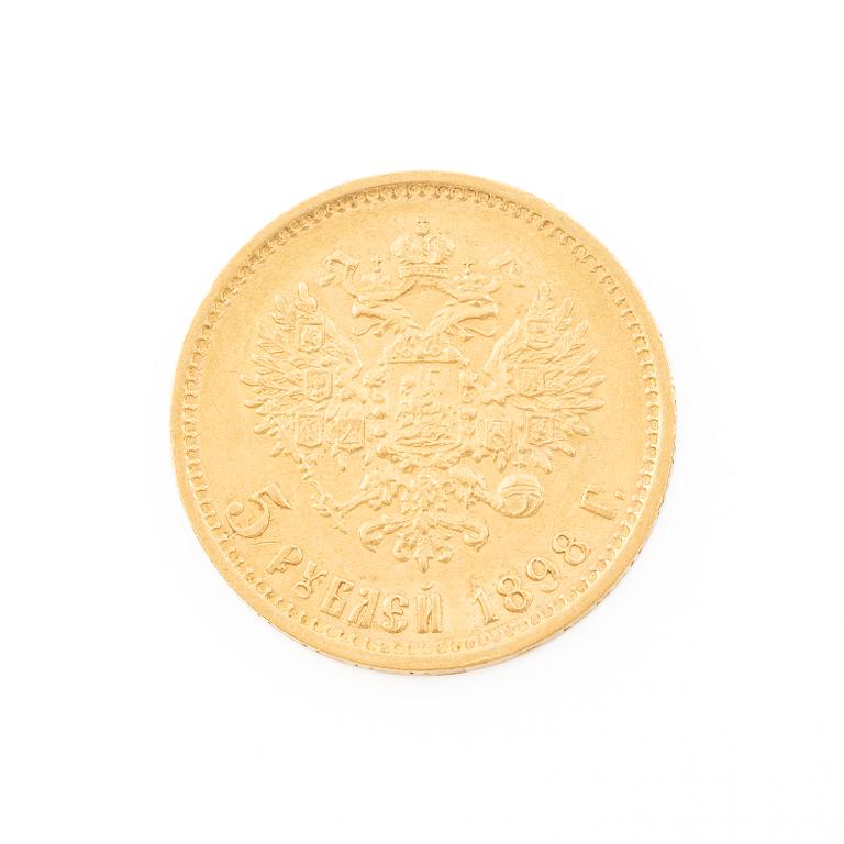 Gold coin, Nicholas II, Russia, 5 Rubles, 1898.