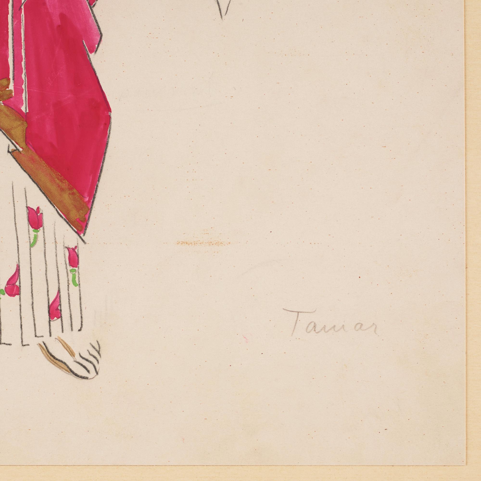 Isaac Grünewald, Costume sketch - woman in a dress with rose pattern.
