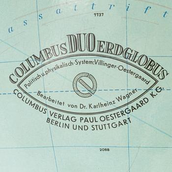 A 'Columbus Duo Erdglobus' globe, Corlumbus Verlag Paul Oestergaard, Germany, 1930's.