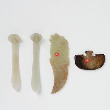 A set with two jade hair pins, and two sculptured jade objects. Qing dynasty or older.