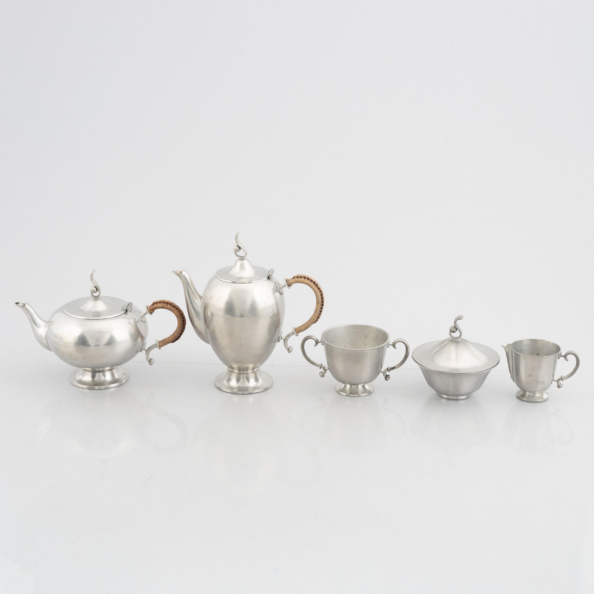 Edvin Ollers, a 5-piece pewter tea and coffee set, Stockholm, 1929.