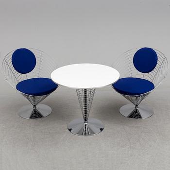 VERNER PANTON, PHILIPPE STARCK,  a set of two "Wire Cone" chairs and a table Fritz Hansen, late 20th century.