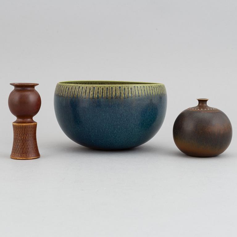 Stig Lindberg, a set of two stoneware vases and a bowl, Gustavsberg studio, Sweden 1960, 1968 and 1958-59.