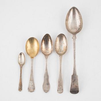 A set of fourteen silver spoons, 18th, 19th and 20th century.