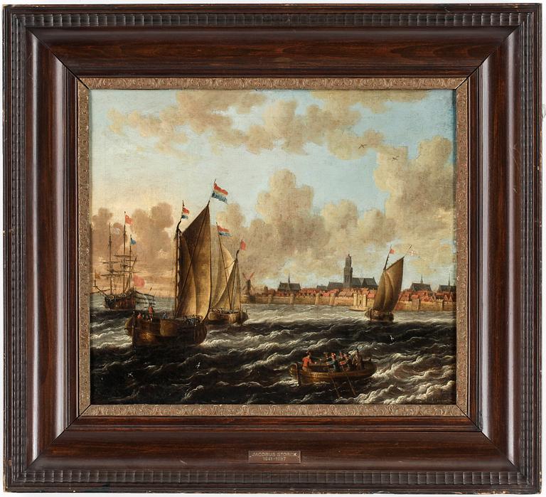 Jacobus Storck Attributed to, Dutch ships outside a city with wall.