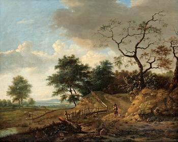 Jan Wynants (Wijnants) Hans efterföljd, Vidsträckt landskap med vandrande figur med hund.