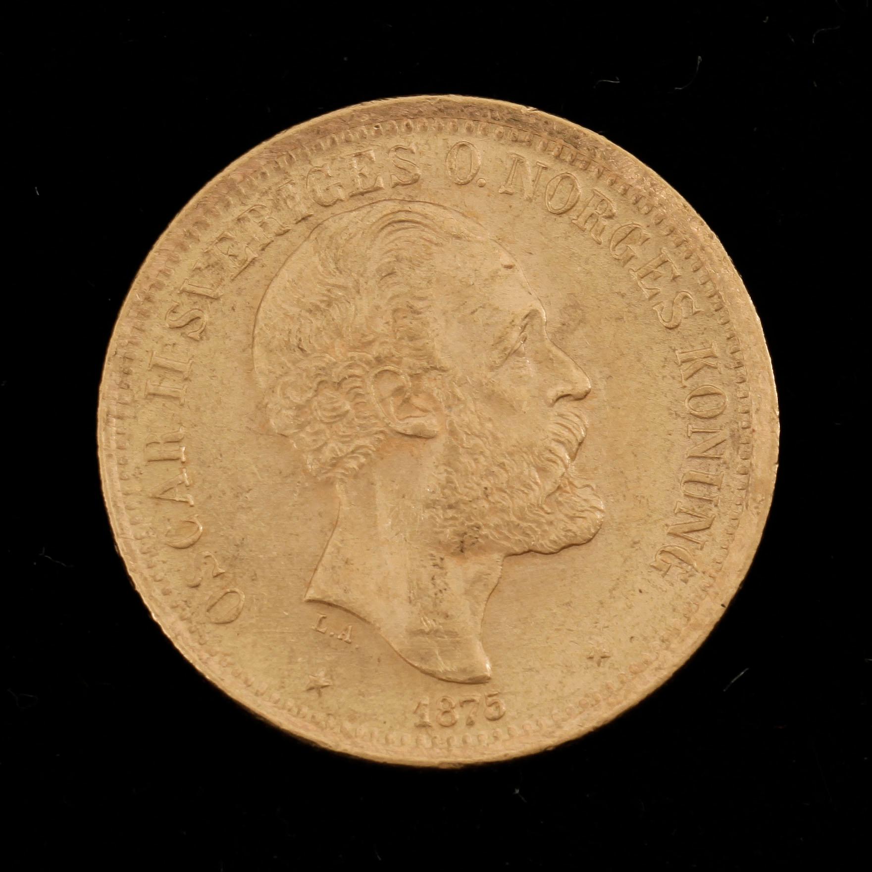 GULDMYNT, 20 Kronor, Oscar II, Sverige-Norge 1875. Vikt ca 8 gram.