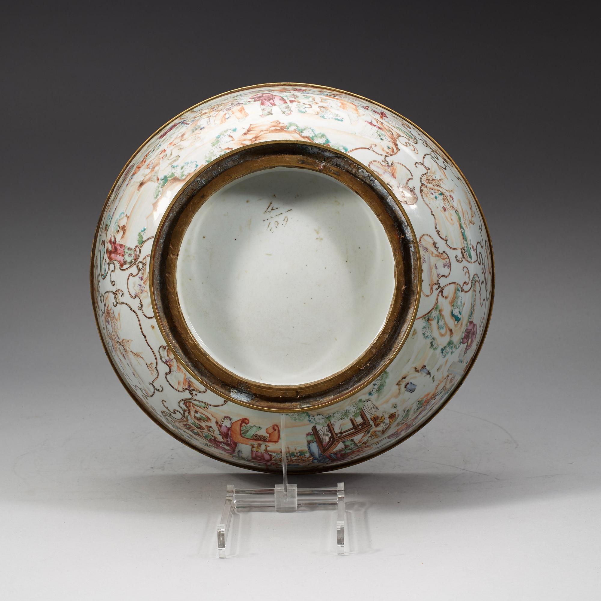 A famille rose bronze mounted punch bowl, Qing dynasty, Qianlong (1736-95).