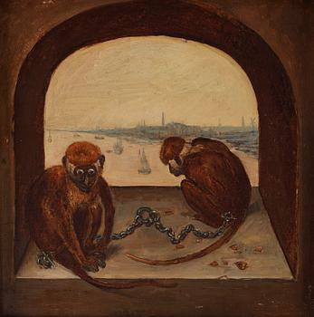 681. Pieter Brueghel dä Follower of, Monkeys in a window niche.