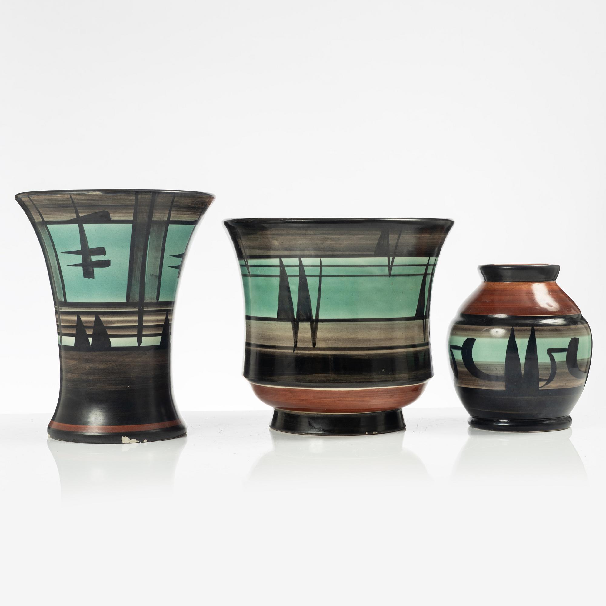 Margareta "Maggie" Wibom, ceramics, 3 pieces, Bo fajans, Gefle, around 1930.