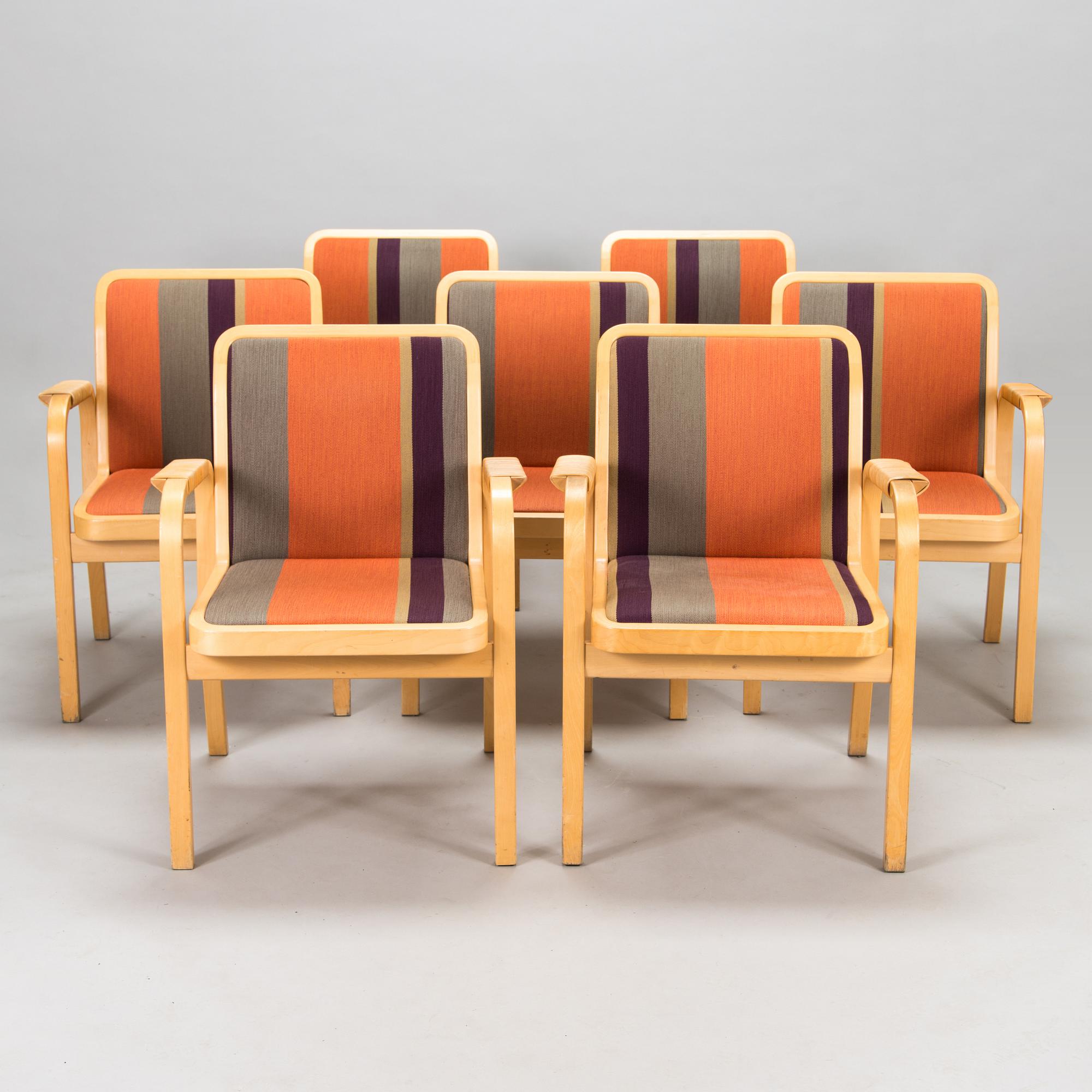 Alvar Aalto, karmstolar, 7 st, modell E45, Artek, 1900-talets slut.
