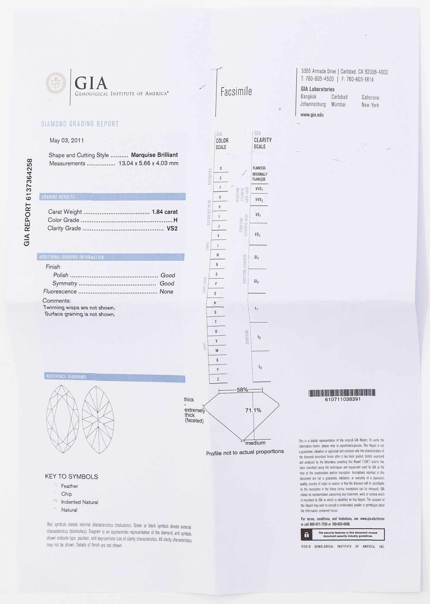 Ring, platina med markisslipad diamant ca 1.84 ct.