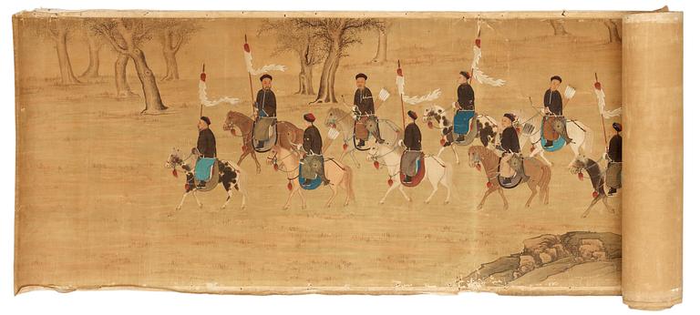 A large hand scroll of an imperial hunting part, Qing dynasty.