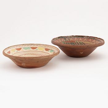 Two clay Swedish folk art dishes, 19th Century.