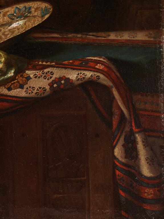 Benjamin Auguste Louis Damman, Still lite with carpets, urn and sword.