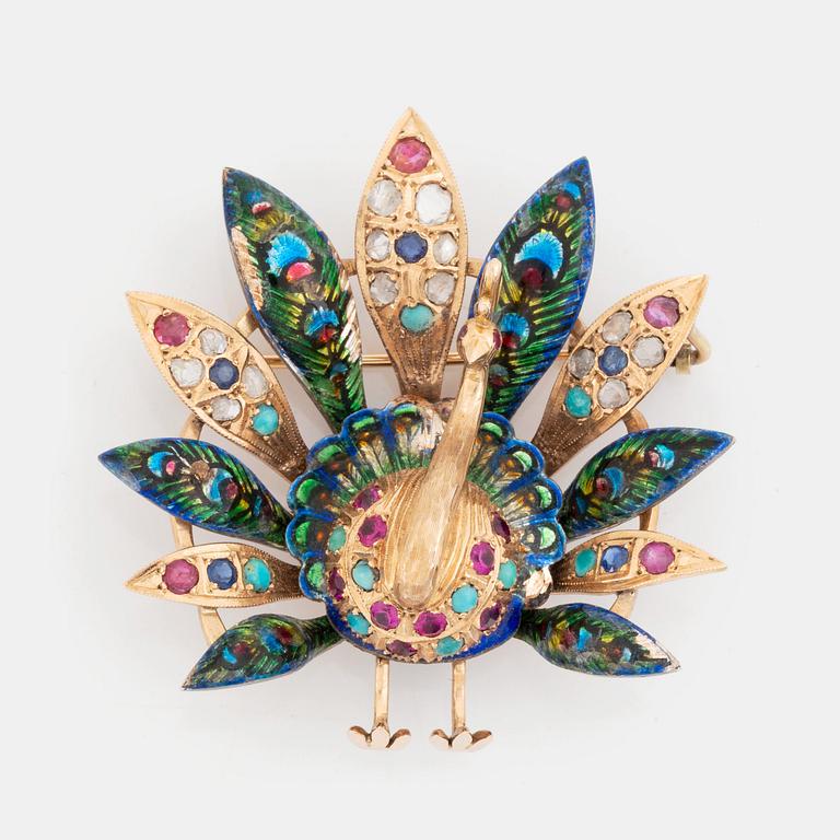 Brosch 14K guld med emaljdekor samt rosenslipade diamanter, safirer och opaler.