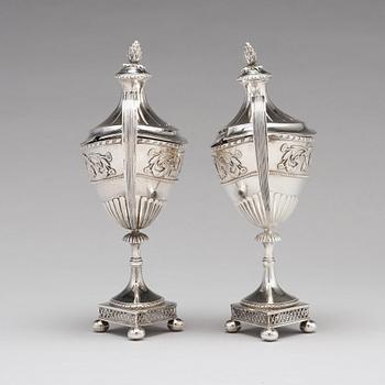 A pair of Swedish 18th century silver sugar-bowls and cover, mark of Pehr Zethelius, Stockholm 1799.