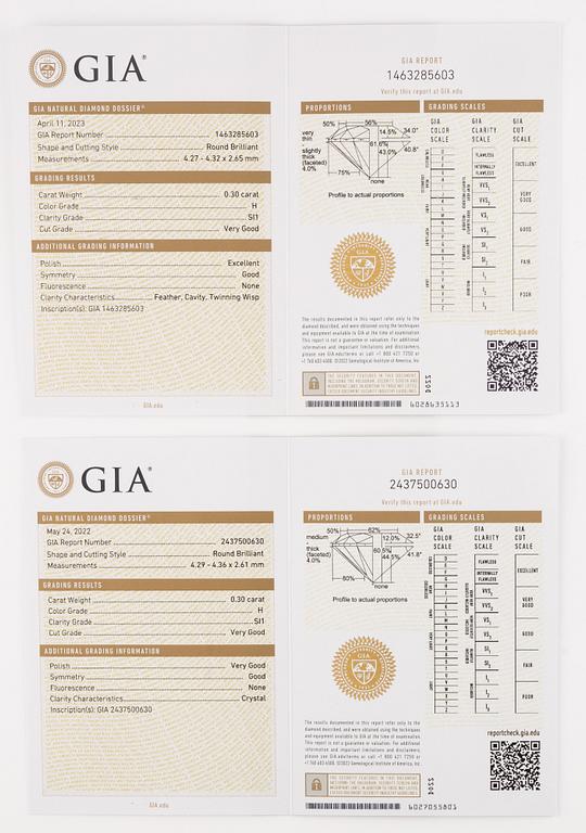 Örhängen med briljantslipade diamanter, medföljande GIA dossier.