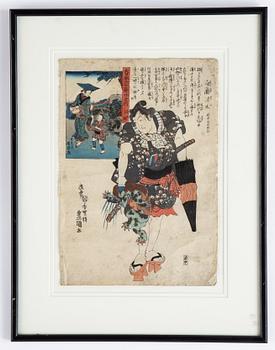 Utagawa Kunisada samt Kuniyoshi, färgträsnitt, 2 st, Japan, 1800-tal.