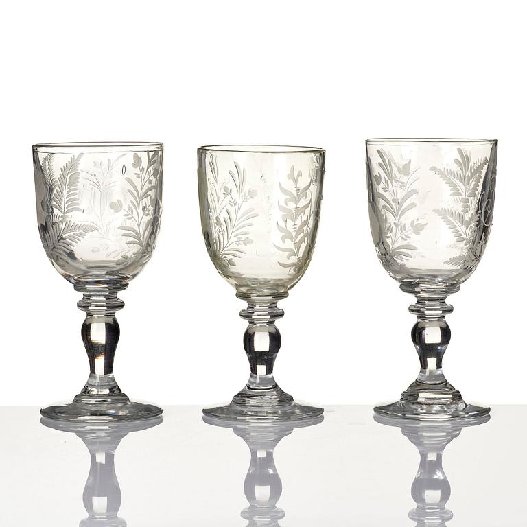 A set of three commemorative Russian glasses, late 19th century.