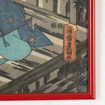 Utagawa Kunisada och Utagawa Kuniyoshi, färgträsnitt, 2st, Japan, 1800-talets mitt.