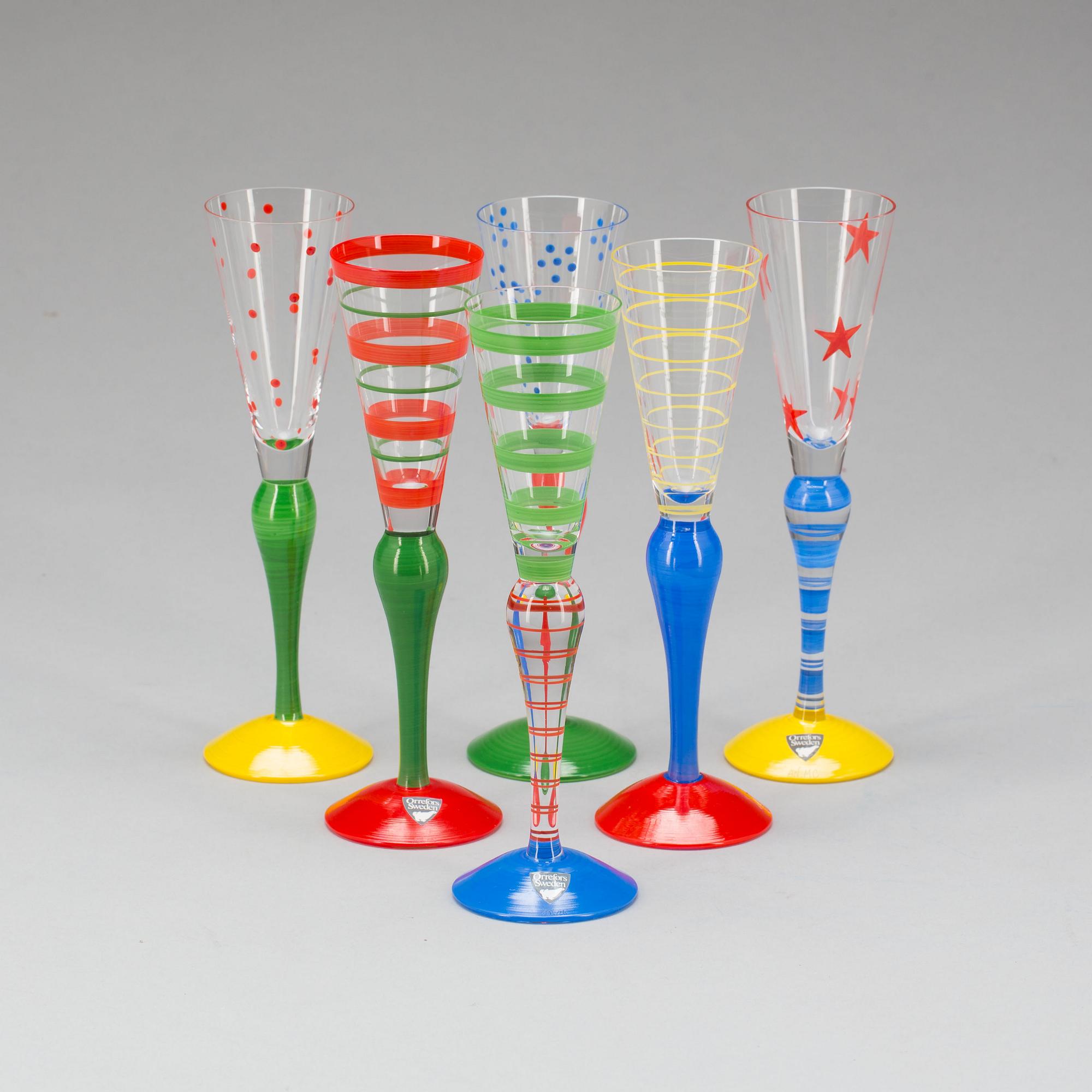 SNAPSGLAS, 6 st. Glas. "Clown", Anne Nilsson, Orrefors, signerade.