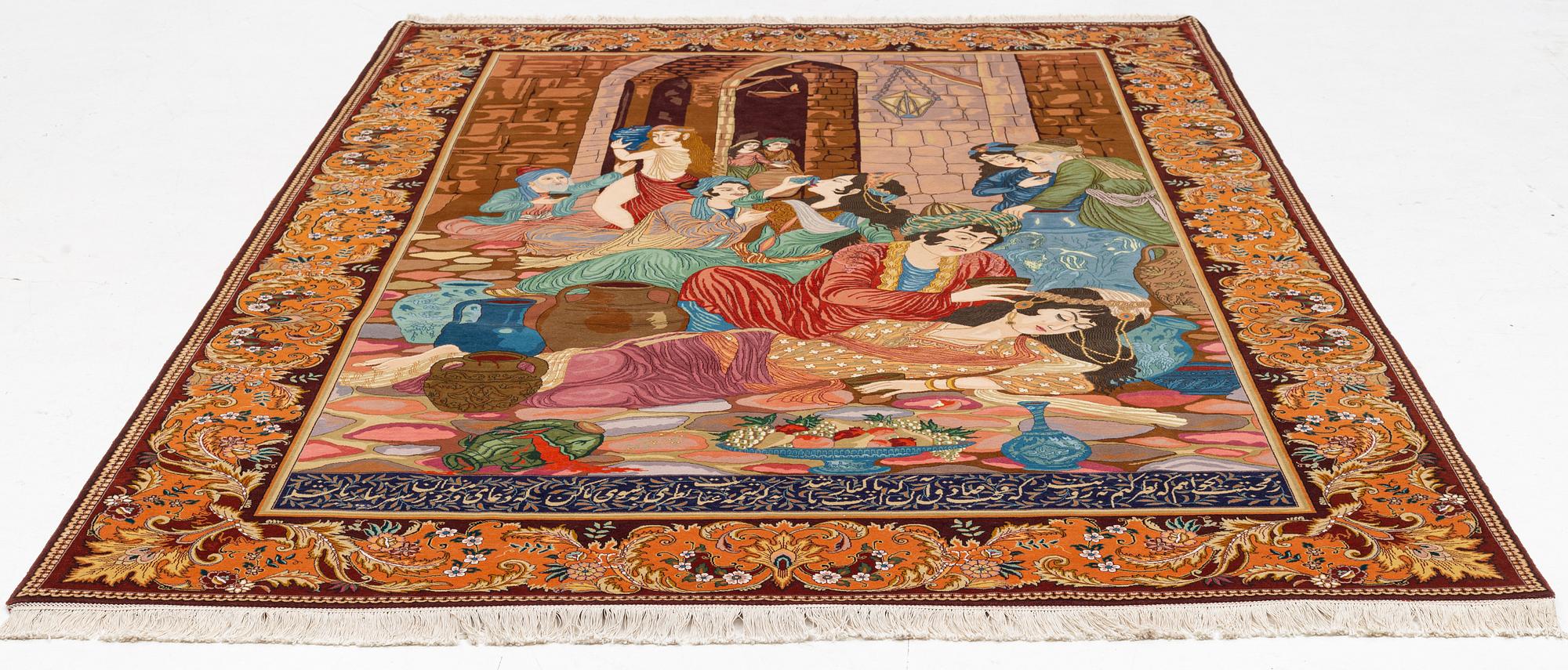 Rug, Tabriz, figural, signed, approx. 285 x 196 cm.