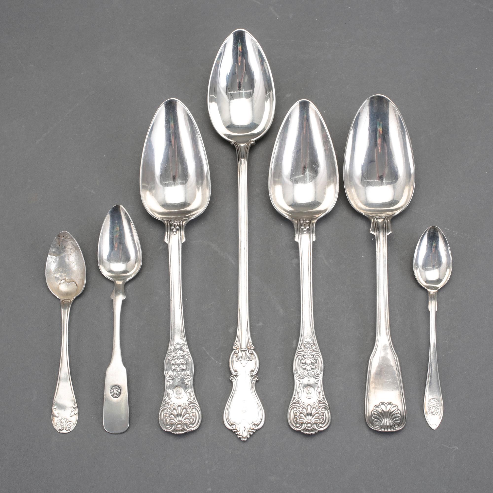 PARTI SKEDAR, 7st, silver, bla Adolf Zethelius, Stockholm, 1845. Total vikt ca 402g.
