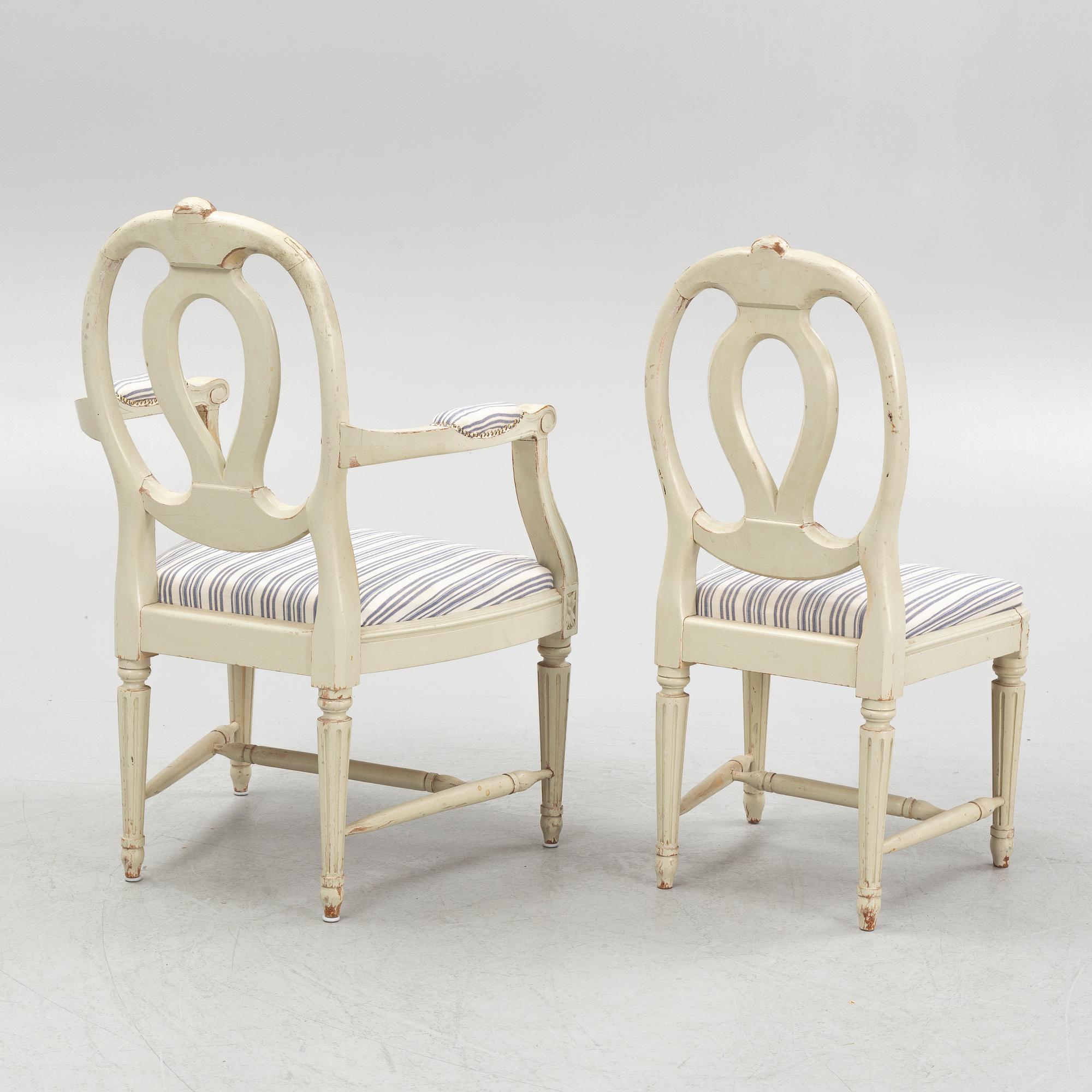 Stolar, 4 st och karmstolar, ett par, gustaviansk stil, 1900-talets första hälft.