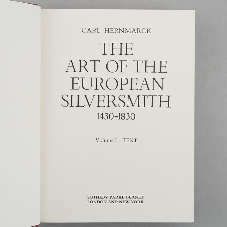 Collection of literature on silver, 8 volumes, including 'Svenskt silversmide 1520-1850'.