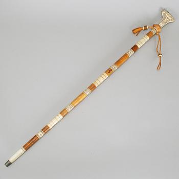 A Sami birch, renideer horn and pewter walking stick.