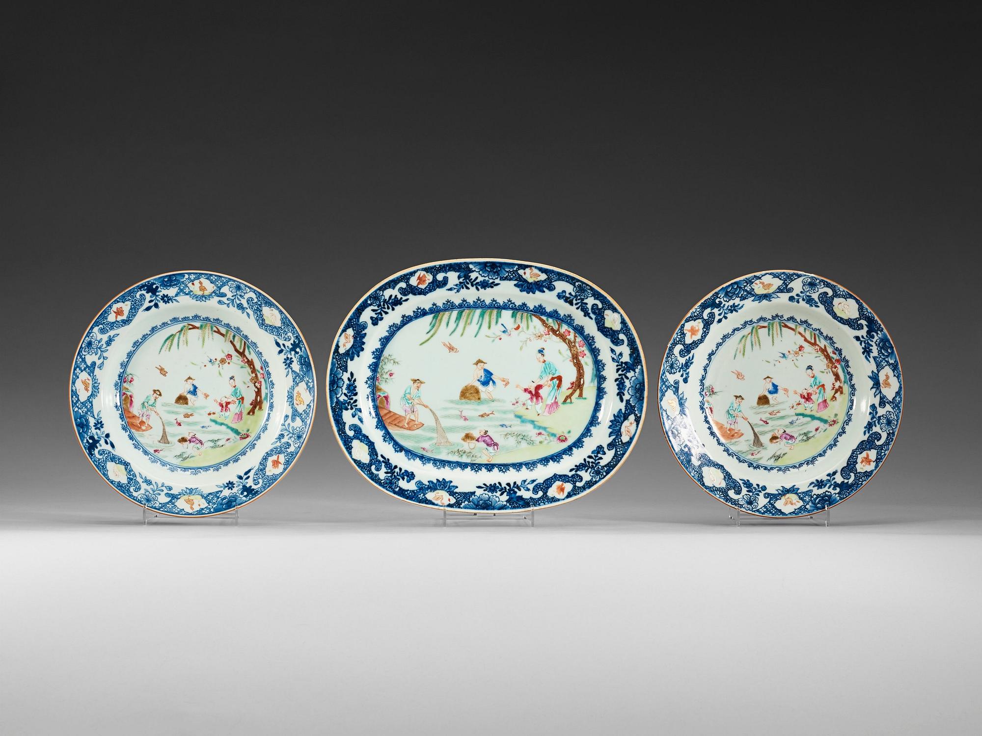 FAT samt TALLRIKAR, ett par, kompaniporslin. Qing dynastin, Qianlong (1736-95).