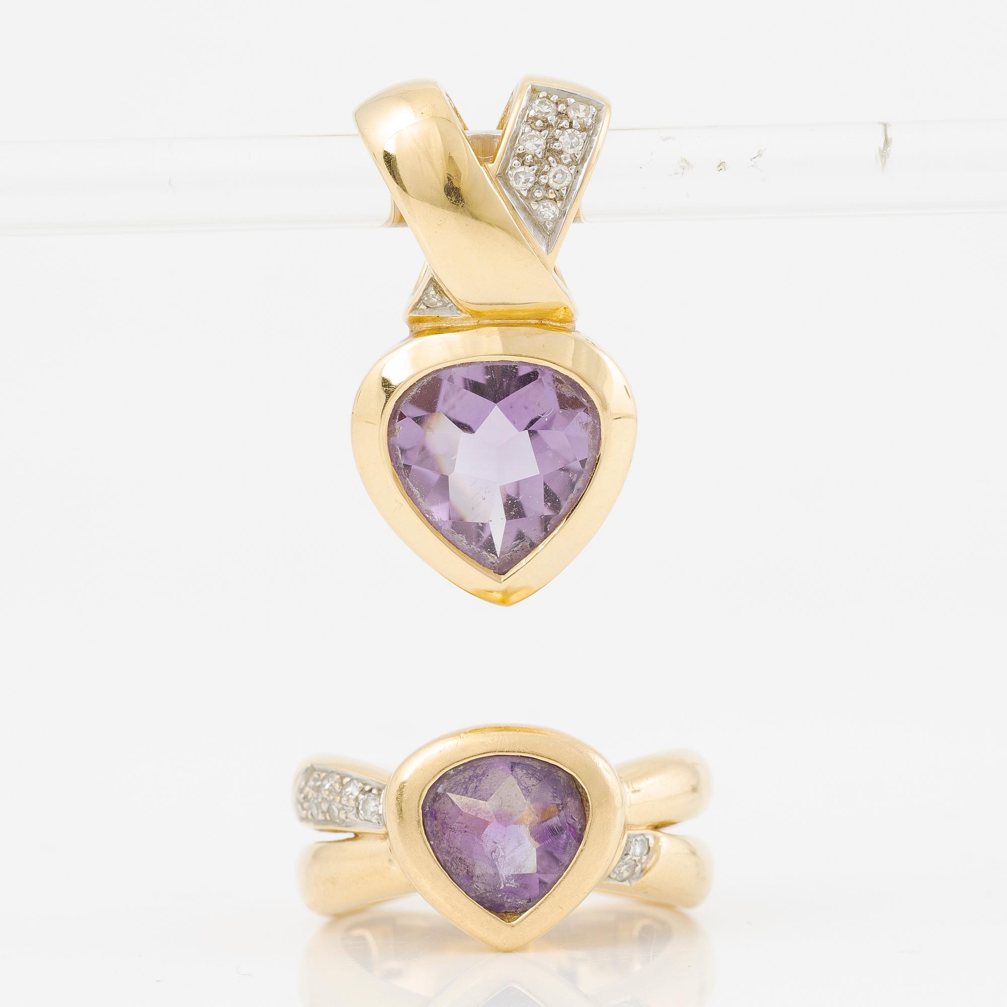 Ring och hängsmycke, 18K guld med ametister och åttkantslipade diamanter.