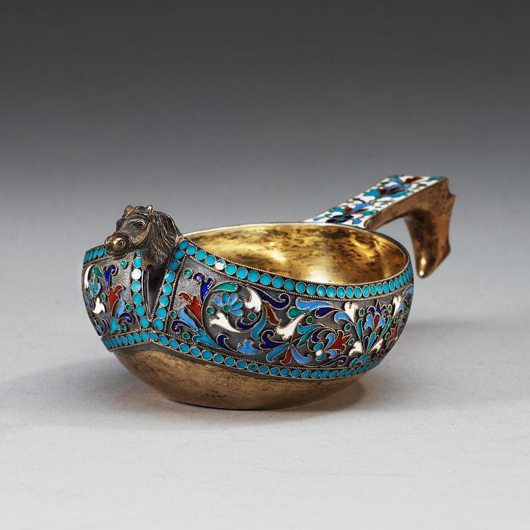 A Russian 19th century silver-gilt and enameld kovsch, makers mark of Nikolaus Strulyev, Moskva 1895.