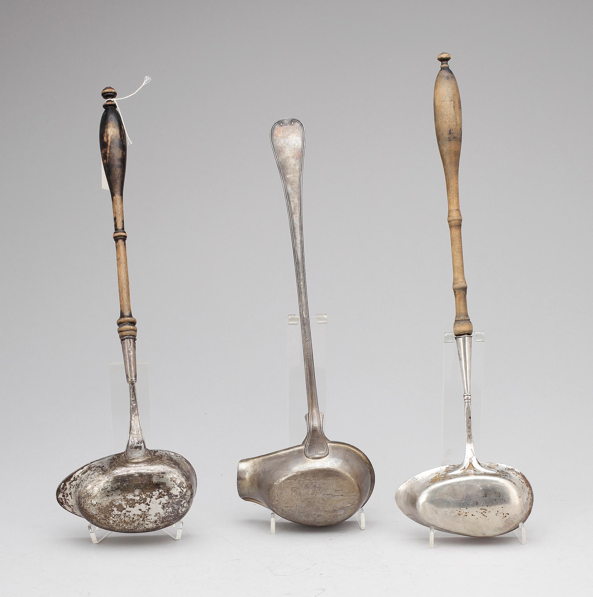SOPPSLEVAR, 3 st, silver och nysilver, bla Johan Petter Tullgren, Kristinehamn, 1859.