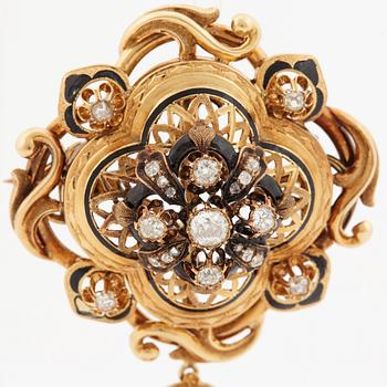 A probably natural pearl, enamel and old-cut diamond brooch by Gustaf Möllenborg, Stockholm. Second half of 19th century.