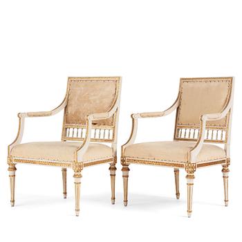 A pair of Gustavian open armchairs by J. Lindgren (master in Stockholm 1770-1800).