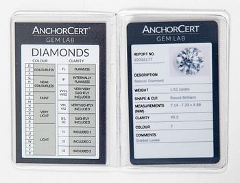 DIAMANT, oinfattad briljantslipad, 1.51 ct, E-F/VS enligt certifikat från IGI.
