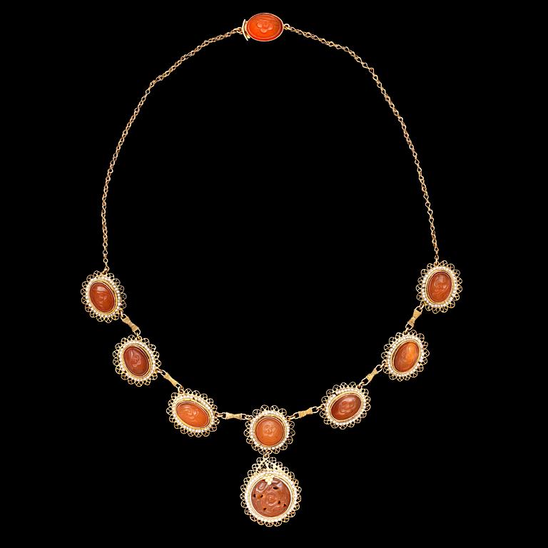 A carneol and natural seed pearl necklace, 19th century.