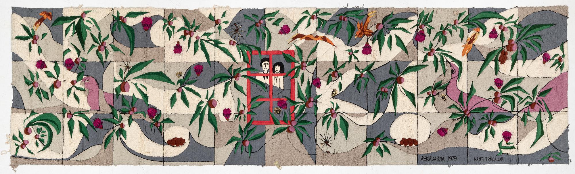 Hans Trädgårdh, tuftad tapet, "Åskådarna", ca 225 x 820 cm, signerad.