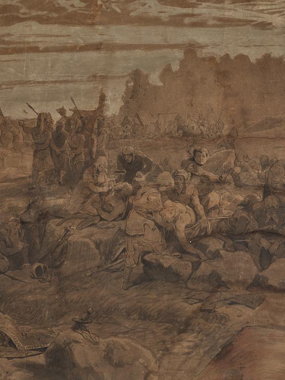 August Malmström och Hans Gude, tuschlavyr på brunt papper förhöjd med vit gouache, signerad Hans Gude och A. Malmström.