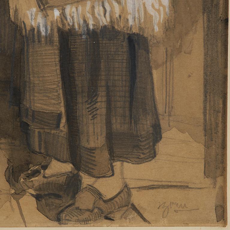 Anders Zorn, "Orsakulla vid dörr med korg på armen".