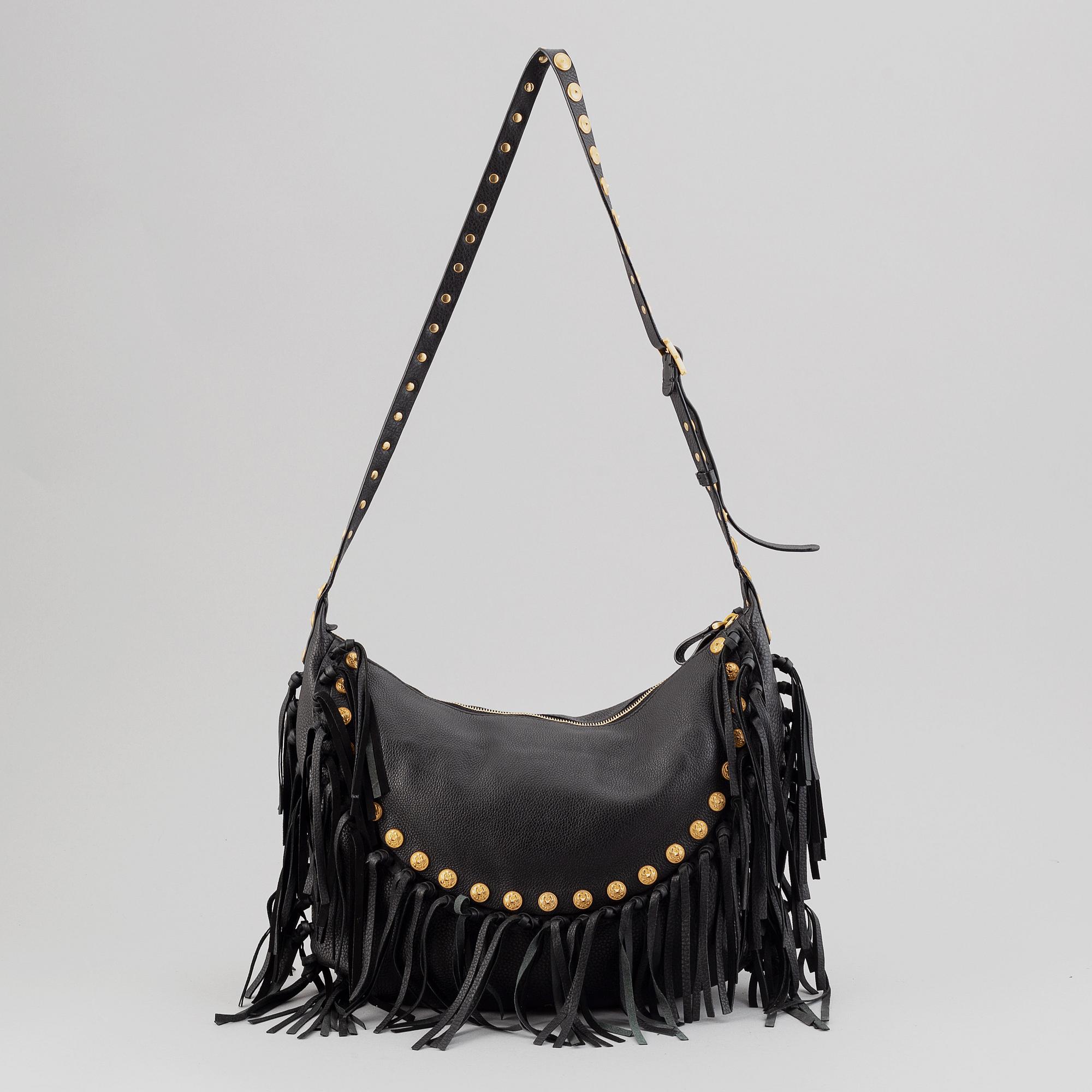 Valentino, a black leather hobo bag.