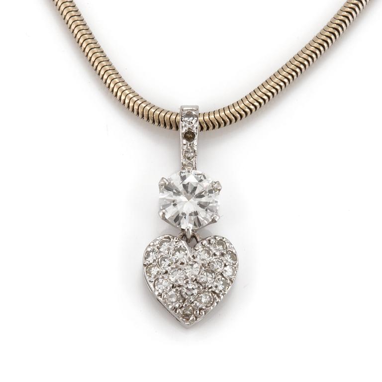 A chain and a pendant set with eight-cut and a round, brilliant-cut diamond.