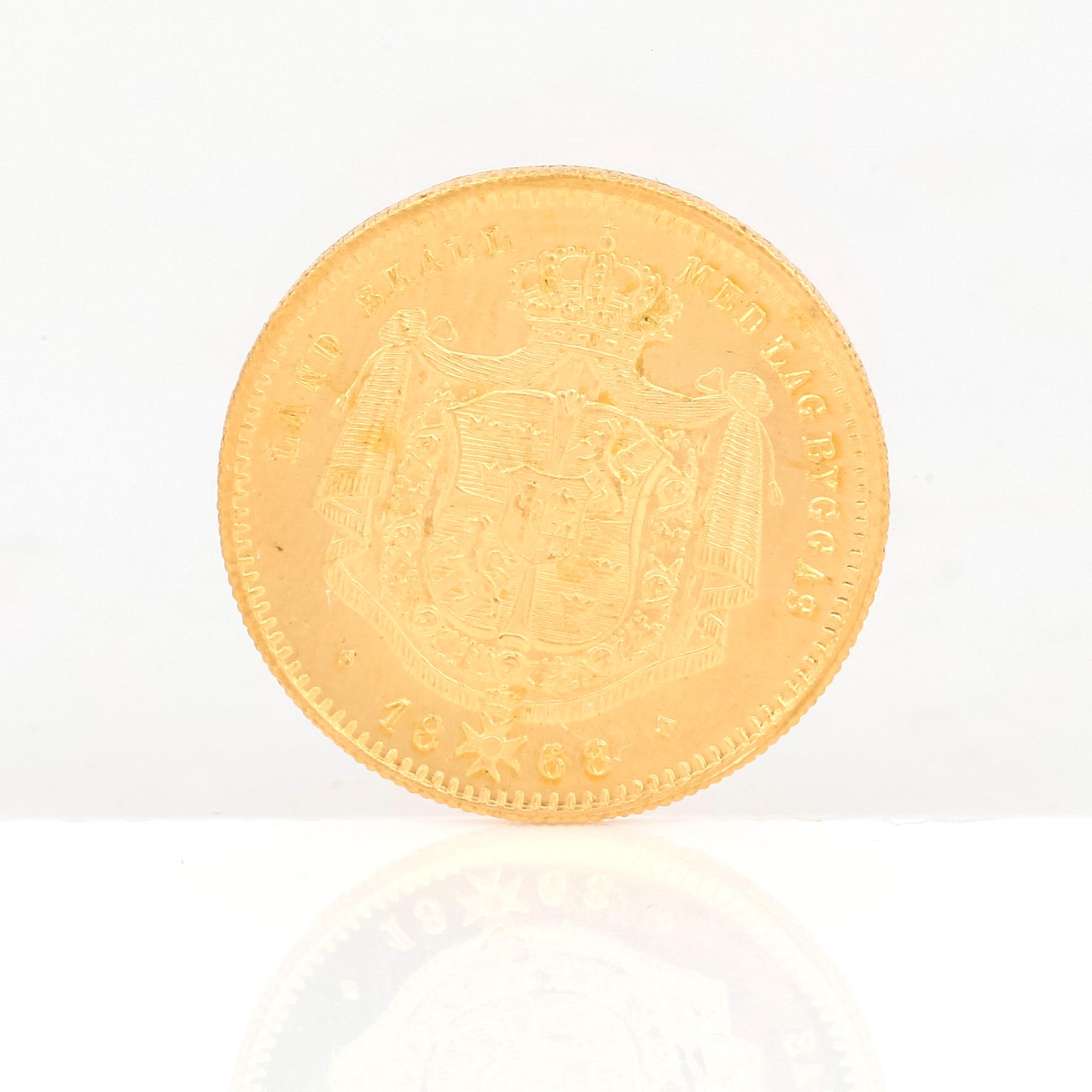 GULDMYNT, 1 Dukat, Karl XV av Sverige och Norge, 1868. Vikt ca 3,5 gram.